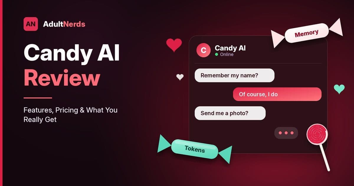 Candy AI review 2026 cover showing a Candy AI chat window with memory and tokens labels