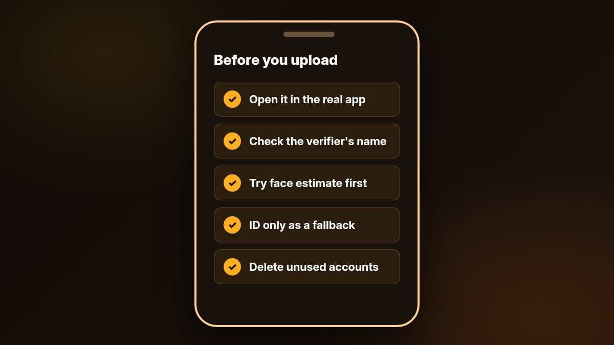 Phone screen showing a safety checklist for AI companion age verification